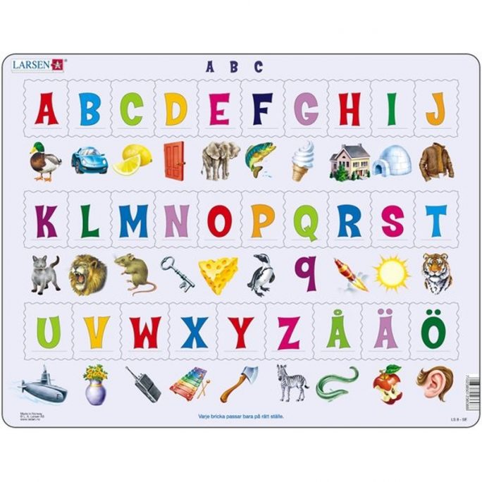 Pussel bokstäver abc. Lek och lär leksaker / Abc leksaker. Fint pussel med 29 bitar med svenska alfabetet a-ö. Beställ pussel online på LillaFilur.se