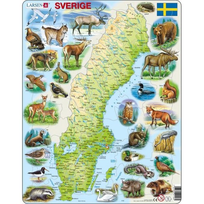 Pussel Sverige med svenska städer och sjöar samt svenska landskapsdjur.