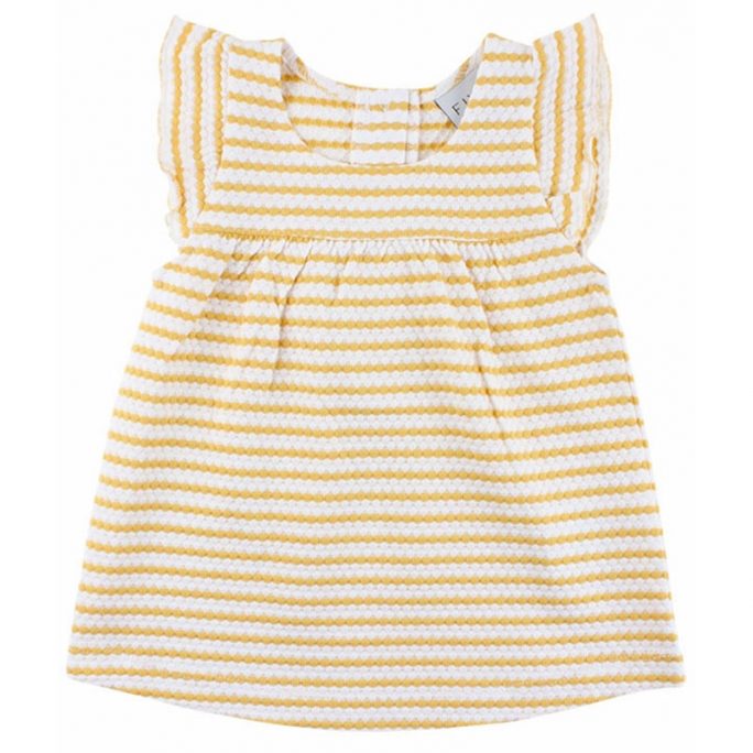 Babyklänningar 50 56 62 68 74 80. Söt klänning baby gul och vit randig med volang på axeln. Klänning från Fixoni. Köp babykläder på LillaFilur.se