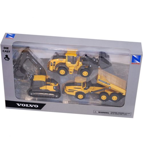Leksaksbilar metall Volvo arbetsmaskiner. Innehåller leksaksbil grävmaskin, dumper och hjullastare. LillaFilur.se