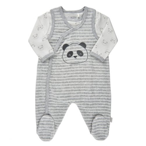 Babykläder storlek 44 cl. Gullig sparkdräkt i velour med matchande body med pandor. Beställ babykläder och prematurkläder storlek 44 cl på LillaFilur.se