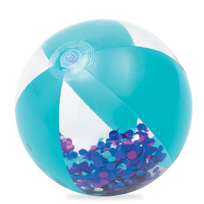 Badboll glitter blå. Fylld badboll med blå konfetti. Storlek 41 cm. Små och stora badbollar på LillaFilur.se