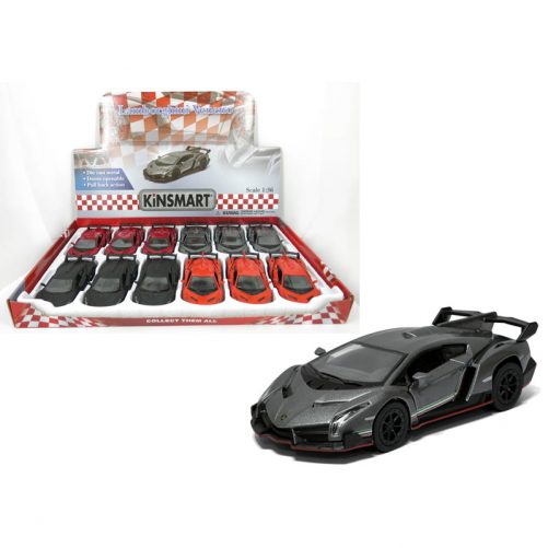 Lamborghini Veneno leksaksbil i metall med pullback och öppningsbara dörrar. Lamborgini finns i svart, röd, grå och orange. Skala 1:36, 13 cm. Beställ fina leksaksbilar på LillaFilur.se