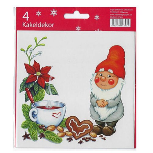 Kakeldekor kök julmotiv storlek 15x15 cm. Gulligt dekorkakel jul med tomte. Köp kakeldekor kök och jul på LillaFilur.se