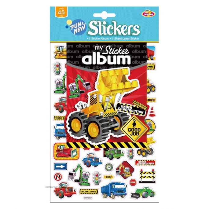 Stickersalbum barn tom med ett ark stickers arbetsfordon, vägarbete och skyltar. Köp stickers och stickersbok barn på LillaFilur.se