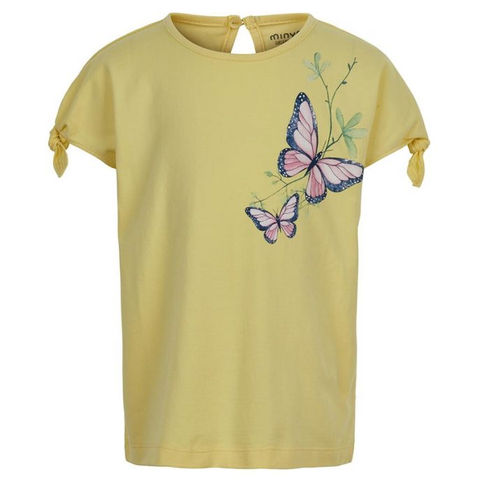 T-shirt barn med fjärilar. Söt gul tröja med tryck fjärilar. Ekologisk bomull. Från Minymo. Storlek 92-152 cl passar ålder 2-12 år. Köp barnkläder Minymo på Lilla Filur.