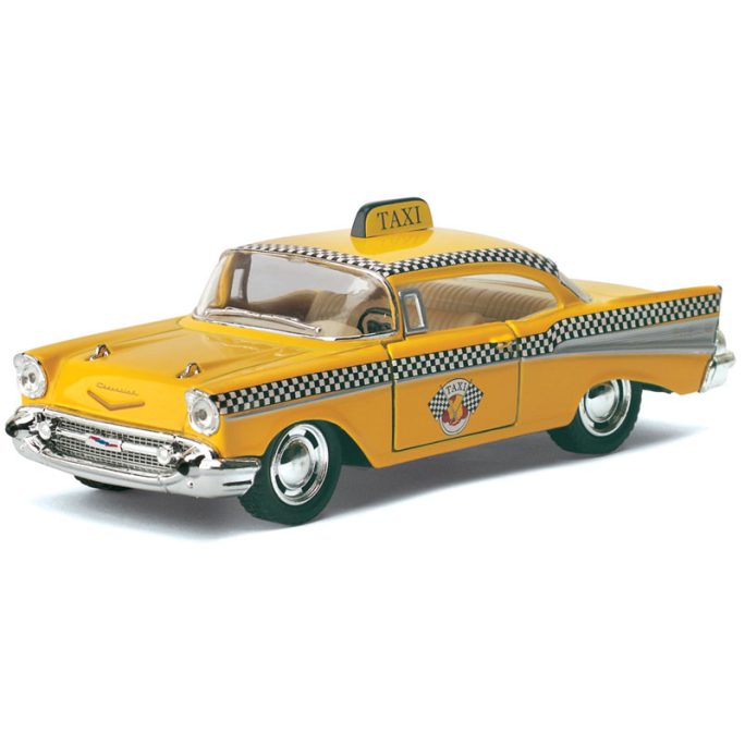 Leksaksbil Chevrolet bel air taxi gul. Modellbilar skala 1:40. Köp retro leksaksbilar på Lilla Filur.