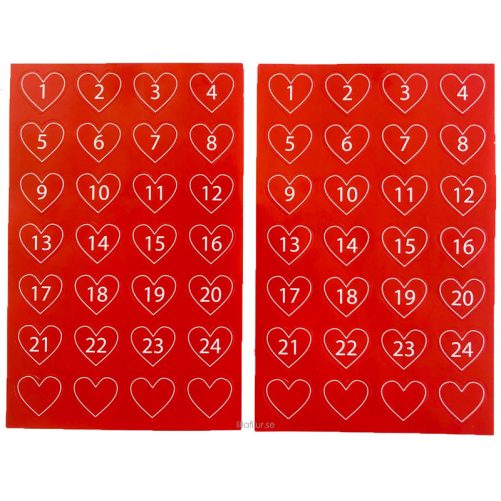 Klistermärken hjärtan till adventskalender, julkalender, presentkalender med nummer ett till tjugofyra.
